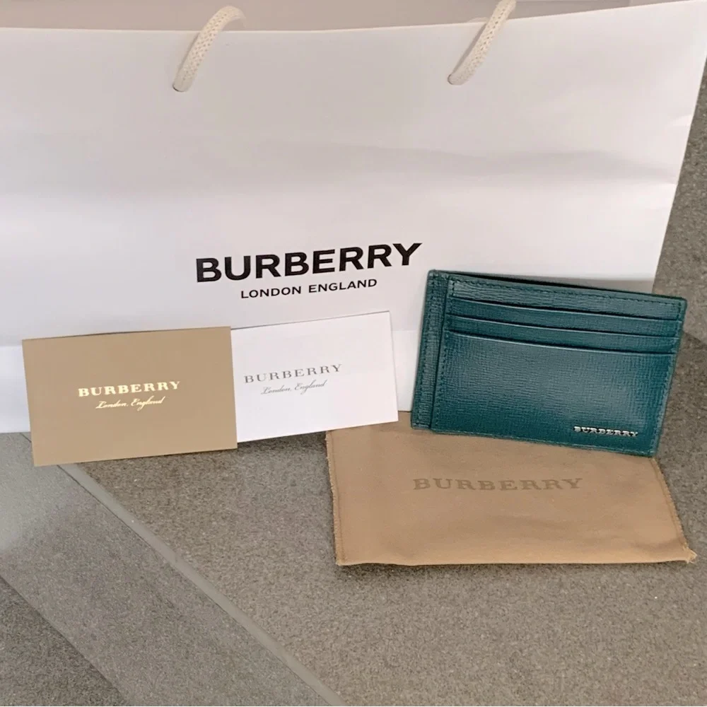 BURBERRY London Leather Card Case Wallet in Dark Teal, NEW